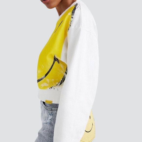 DESIGUAL Amazonas White Smiley Sweatshirt Rave Culture Cropped Relaxed Sz L NWT - Picture 6 of 13